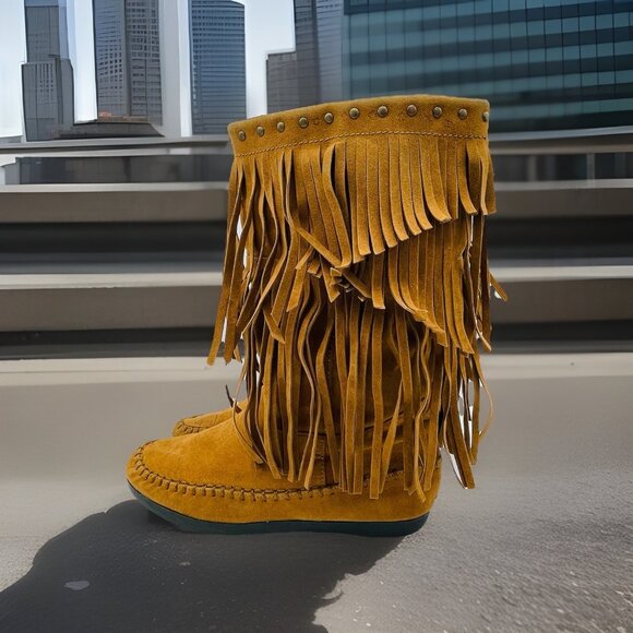 Rampage Shoes Womens Size 8.5 M Cognac Moccasin Leather Boots Fringed Slip On - Picture 2 of 9
